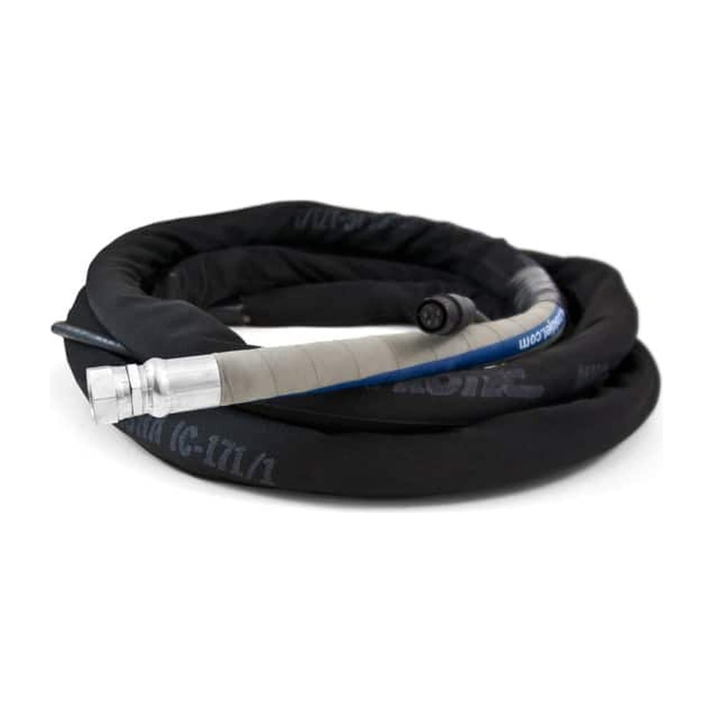 Coiled blast hose with a metal fitting.